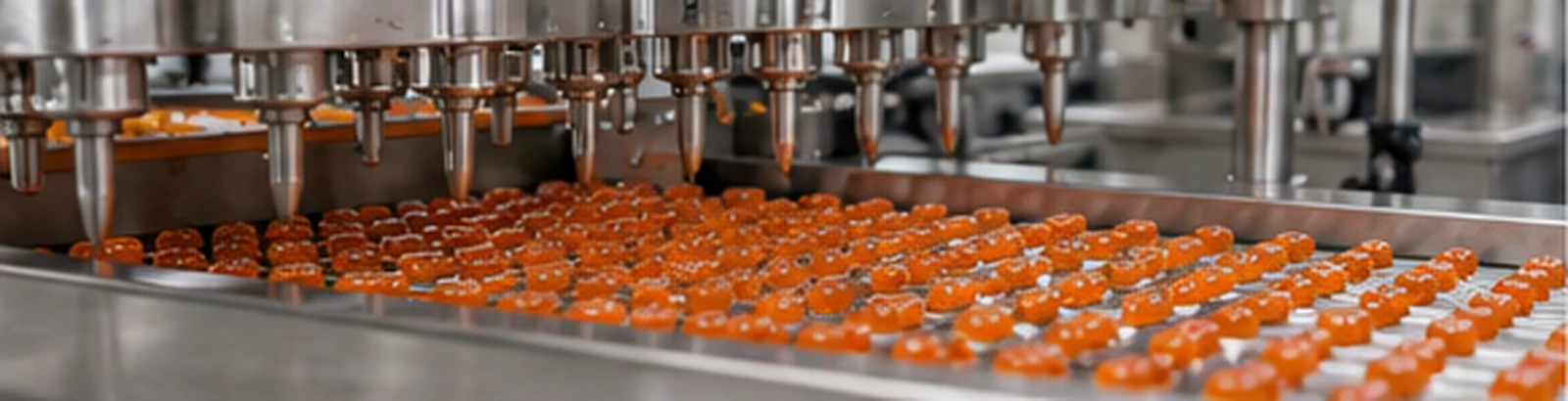 Functional gummies moving through commercial production equipment
