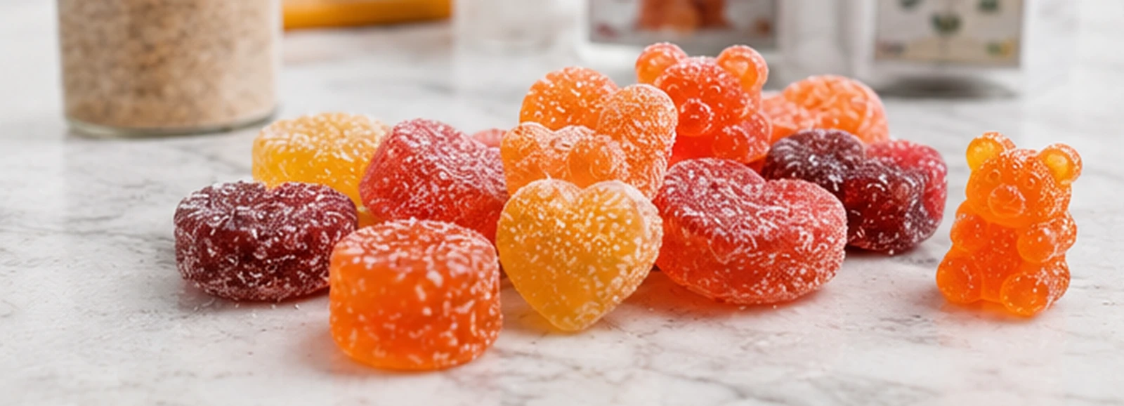 Sugar-coated functional gummies in assorted shapes and colors