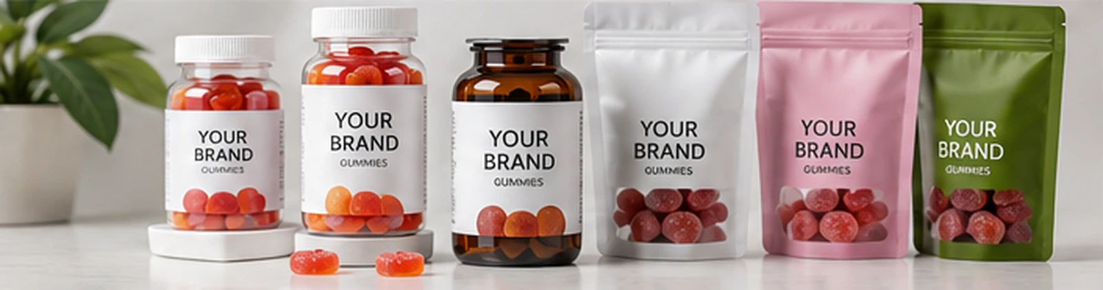 Functional gummies in private-label bottle and pouch packaging