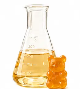 Laboratory flask and gummy representing functional gummy formula and dosage assessment